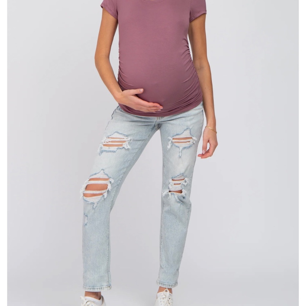 Light Blue Distressed Open Knee Cuffed Maternity Jeans